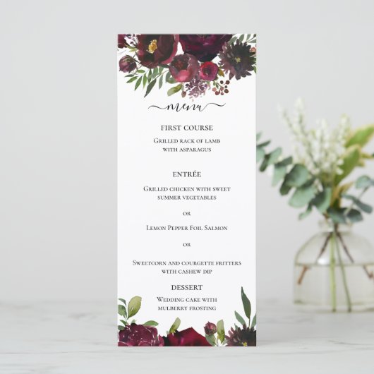 Marsala Red Burgundy Floral Waterverf Menu (Staand voorkant)