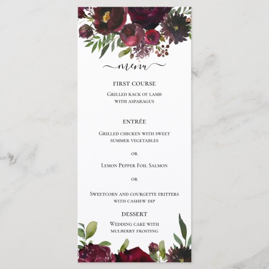 Marsala Red Burgundy Floral Waterverf Menu (Voorkant)