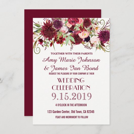 Marsala Red Burgundy Floral Wedding Invitations Kaart (Voorkant / Achterkant)
