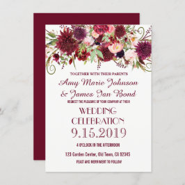 Marsala Red Burgundy Floral Wedding Invitations Kaart