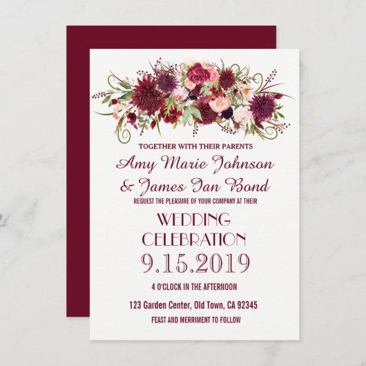 Marsala Red Burgundy Floral Wedding Invitations Kaart (Voorkant / Achterkant)