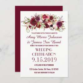 Marsala Red Burgundy Floral Wedding Invitations Kaart