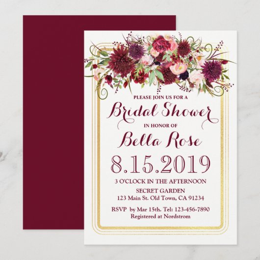 Marsala Red Burgundy Gold Vrijgezellenfeest Invite Kaart (Voorkant / Achterkant)