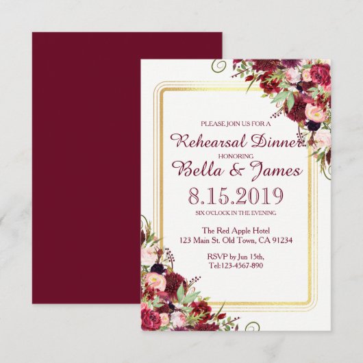 Marsala Red Burgundy Gold Wedding Rehearsal Invite Kaart (Voorkant / Achterkant)
