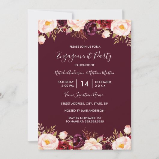 Marsala Red Burgundy Waterverf Engagement Party Kaart (Voorkant)