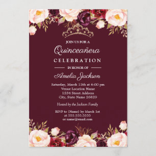 Marsala Red Burgundy Waterverf Floral Quinceanera Kaart