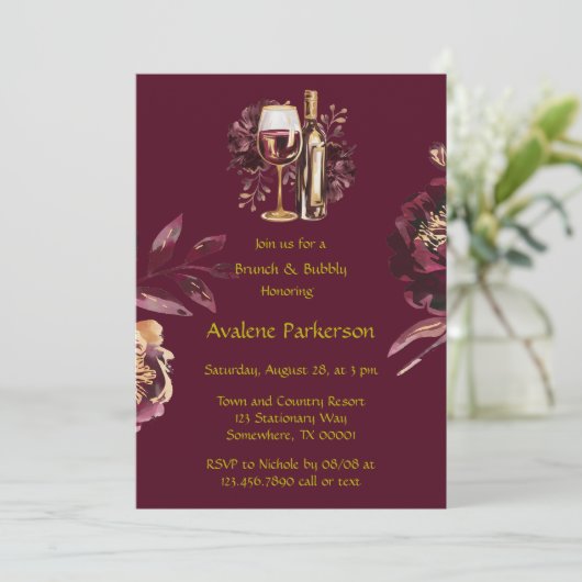 Marsala Red en Gold Peony Brunch en Bubbly Kaart (Staand voorkant)