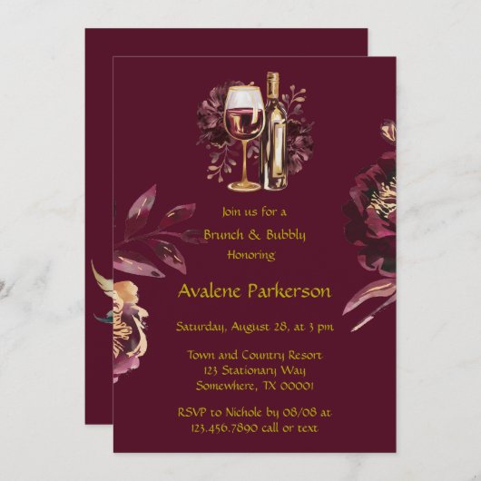 Marsala Red en Gold Peony Brunch en Bubbly Kaart (Voorkant / Achterkant)