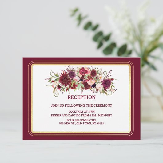 Marsala Red en Gold Wedding Reception Kaart (Staand voorkant)