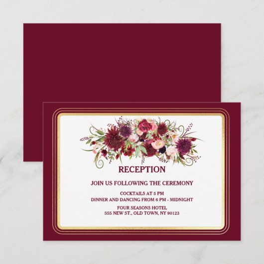 Marsala Red en Gold Wedding Reception Kaart (Voorkant / Achterkant)
