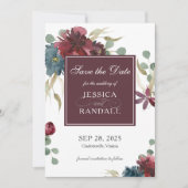 Marsala Red en Navy Floral Wedding Save the Date (Voorkant)