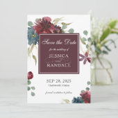 Marsala Red en Navy Floral Wedding Save the Date (Staand voorkant)