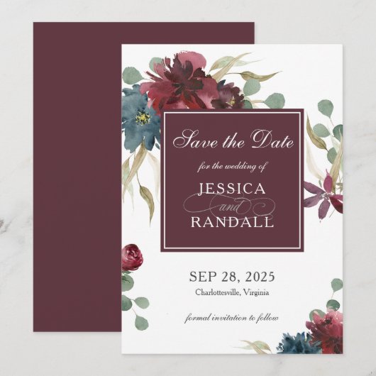Marsala Red en Navy Floral Wedding Save the Date (Voorkant / Achterkant)