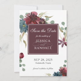 Marsala Red en Navy Floral Wedding Save the Date