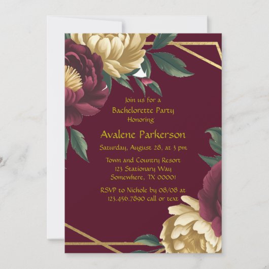 Marsala Red Gold Peony Geometrische Bachelorette O Kaart (Voorkant)