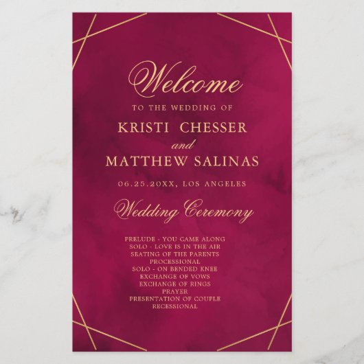 Marsala Red Modern Watercolor Wedding Program Card (Voorkant)