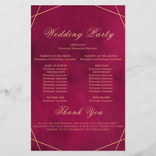 Marsala Red Modern Watercolor Wedding Program Card (Achterkant)