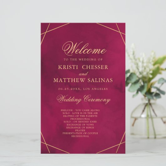 Marsala Red Modern Watercolor Wedding Program Card (Staand voorkant)