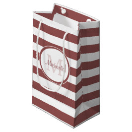Marsala Red Monogrammed Name and Striped Pattern Klein Cadeauzakje
