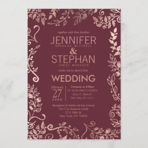 Marsala Red Rose Gold Floral Weddenschap Kaart