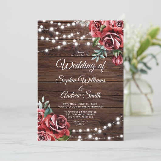Marsala Red Rose Rustic Wood Weddenschap Kaart (Staand voorkant)