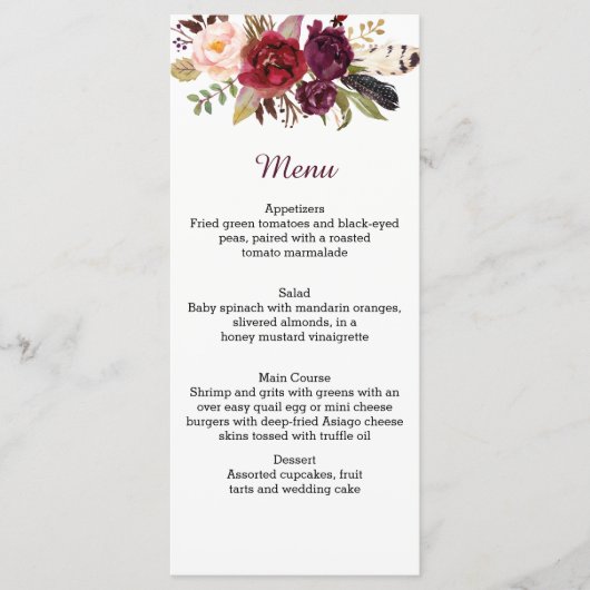 Marsala Red White Roses Boho Feathers Menu (Voorkant)