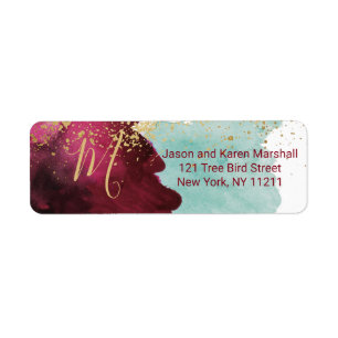 Marsala Rode Blauwgroen Waterverf Gold Splash Adre Etiket