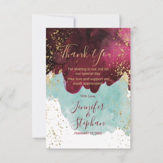 Marsala Rode Blauwgroen Waterverf Gold Splash Dank Bedankkaart (Voorkant)