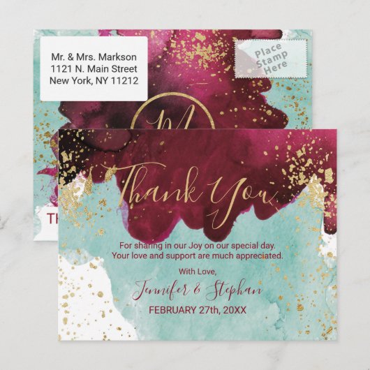 Marsala Rode Blauwgroen Waterverf Gold Splash Dank Briefkaart (Voorkant / Achterkant)