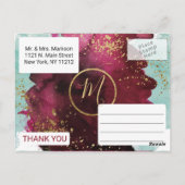 Marsala Rode Blauwgroen Waterverf Gold Splash Dank Briefkaart (Achterkant)