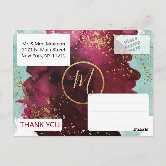 Marsala Rode Blauwgroen Waterverf Gold Splash Dank Briefkaart (Achterkant)