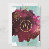 Marsala Rode Blauwgroen Waterverf Gold Splash Wedd Kaart (Achterkant)