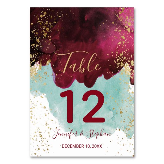 Marsala Rode Blauwgroen Waterverf Gouden Tafelnumm Kaart (Voorkant)
