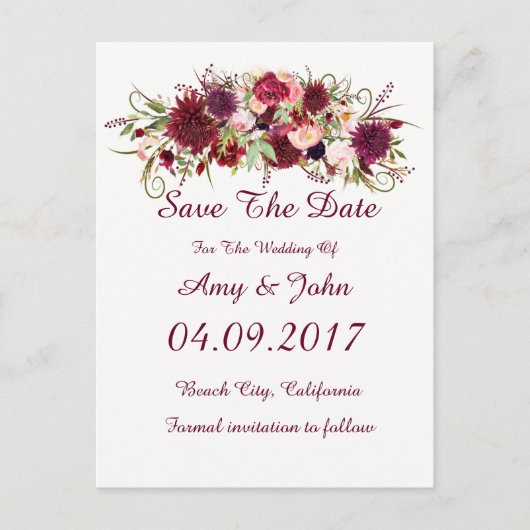 Marsala Rode Bloemen Bruiloft Save the Date Briefk Aankondigingskaart (Voorkant)