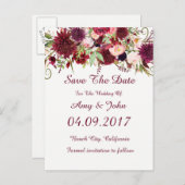 Marsala Rode Bloemen Bruiloft Save the Date Briefk Aankondigingskaart (Voorkant / Achterkant)