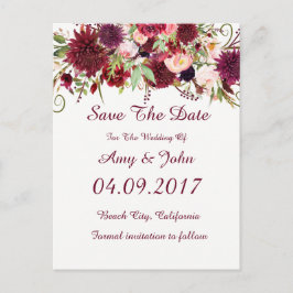 Marsala Rode Bloemen Bruiloft Save the Date Briefk Aankondigingskaart