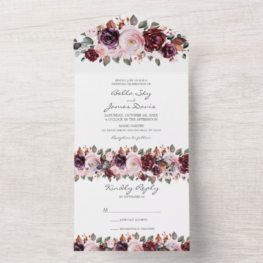 Marsala Rode Bloemen Herfst Alles in Een Bruiloft  All In One Uitnodiging (Binnen)