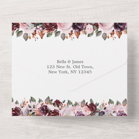 Marsala Rode Bloemen Herfst Alles in Een Bruiloft  All In One Uitnodiging (Achterkant)