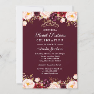 Marsala Rode Bourgogne Aquarel Bloemige Sweet 16 Kaart