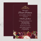 Marsala Rode Bourgogne Bloemen Sweet 16 Uitnodigin Kaart (Voorkant / Achterkant)
