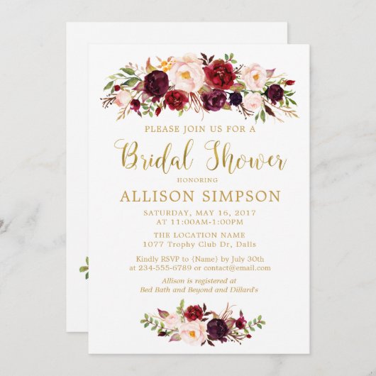 Marsala Rode Herfst Gouden Bruidsdouche Uitnodigin Kaart (Voorkant / Achterkant)