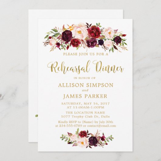 Marsala Rode Herfst Gouden Oefen Dinerkaart Kaart (Voorkant / Achterkant)