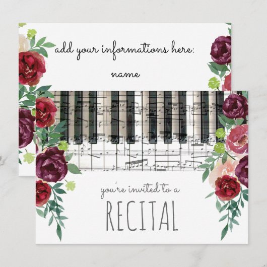 Marsala Rode waterverf Bloemen Muziek recital Kaart (Voorkant / Achterkant)