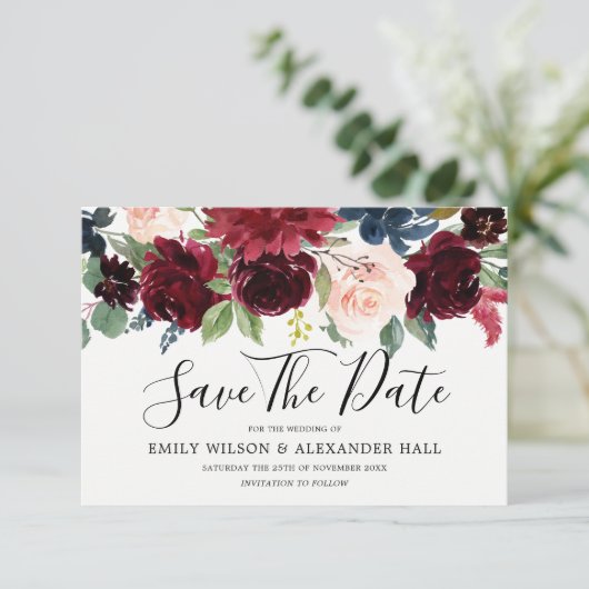 Marsala Rode Wijn Burgundy Bloemen Bruiloft Save The Date (Staand voorkant)