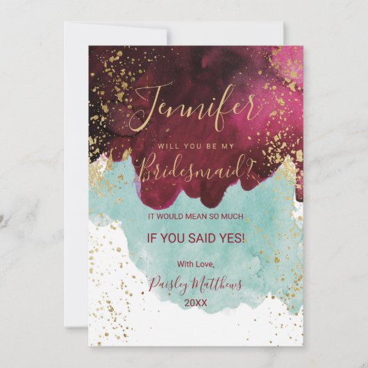 Marsala Rood Groene Waterverf Goud Spatten Bruidsm Kaart (Voorkant)