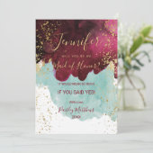 Marsala Rood Groenteblauwe Waterverf Goud Bruidsme Kaart (Staand voorkant)