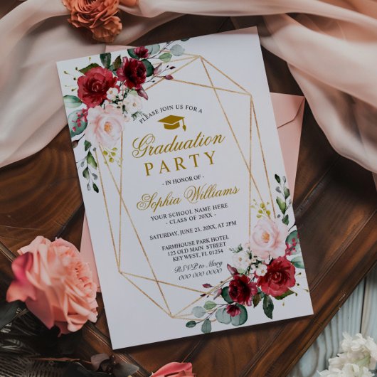 Marsala Roos Afstudeerfeest Girly Floral Kaart