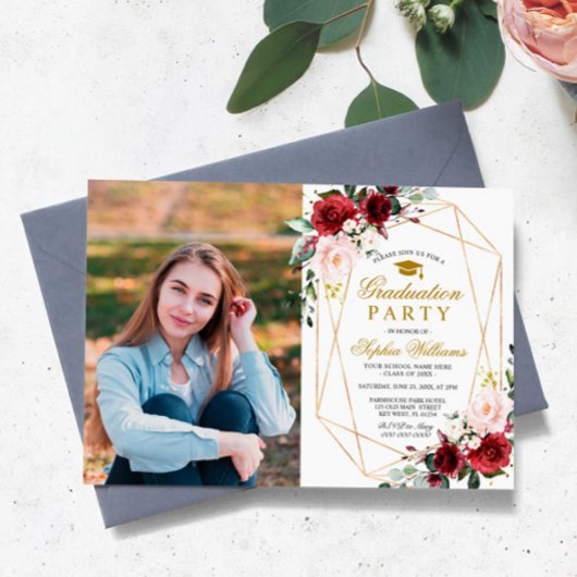 Marsala Roos Foto Afstudeerfeest Girly Floral Kaart