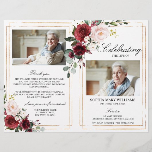 Marsala Roos Funeral Programme | Dienstenvolgorde (Voorkant)