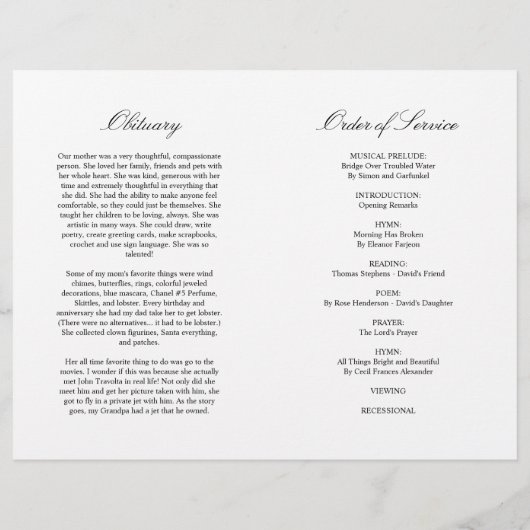 Marsala Roos Funeral Programme | Dienstenvolgorde (Achterkant)